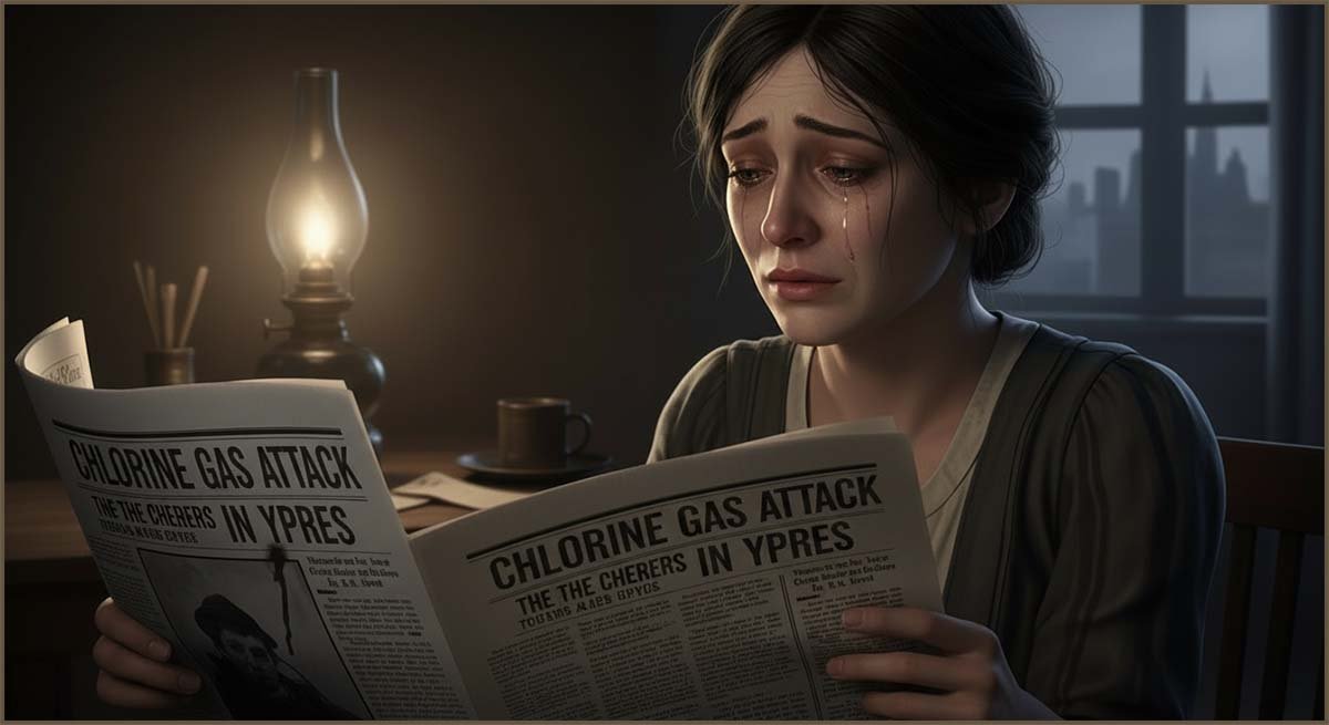 Woman in a dimly lit room reading a newspaper about the gas attack at Ypres.