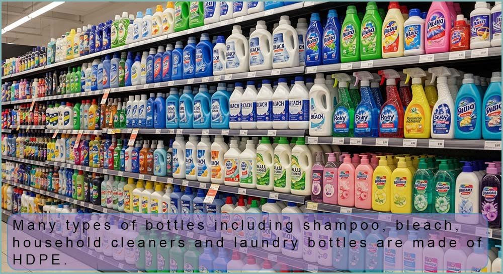Many bottles are made from HDPE.