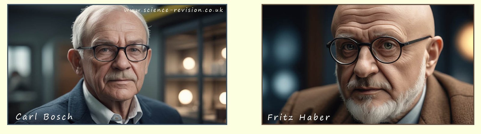 Portraits of Fritz Haber and Carl Bosch, chemists who developed the Haber-Bosch process for making ammonia