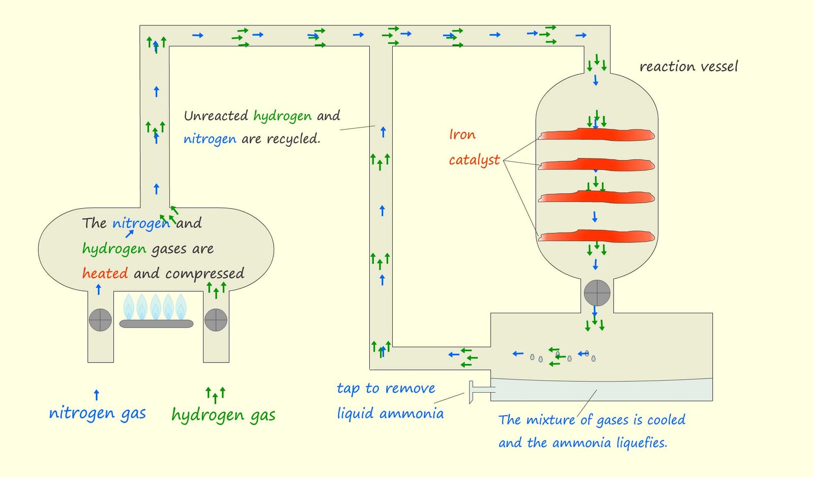 Schematic diagram to show how nitrogen and hydrogen react in the Haber process to make ammonia