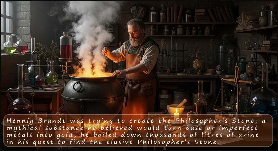 Hennig Brandt boiling down urine in his quest to find the Philosopher's Stone, he discovers the element phosphorus by boiling down large quantities of urine for many weeks.
