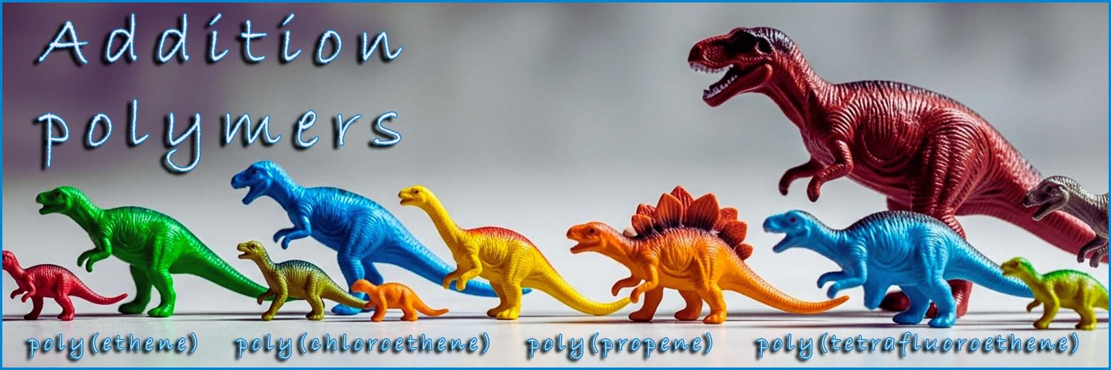 Addition polymerisation header image - plastic dinosaurs walking across the screen.