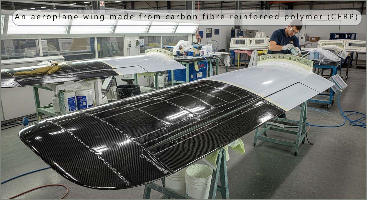 An aeroplane wing made from carbon fibre reinforced polymer.