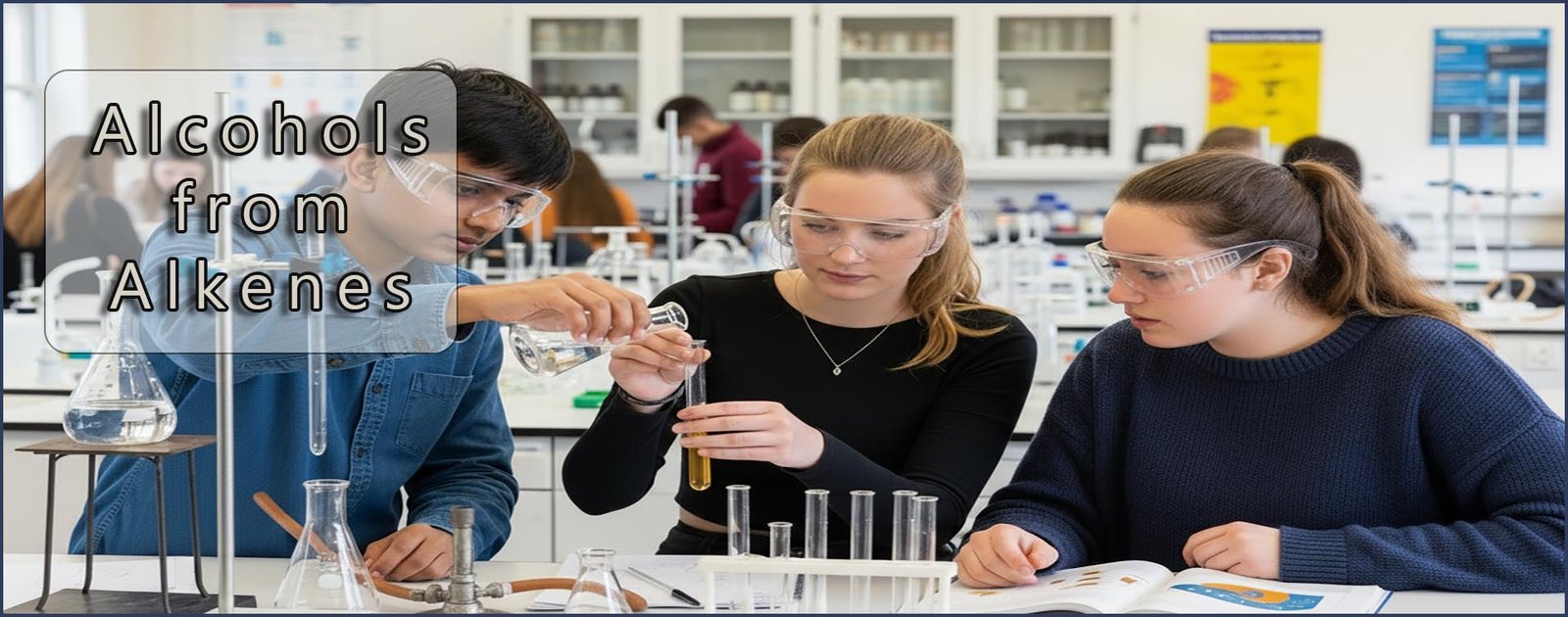 Alcohols from alkenes header image- students carrying out a practical activity