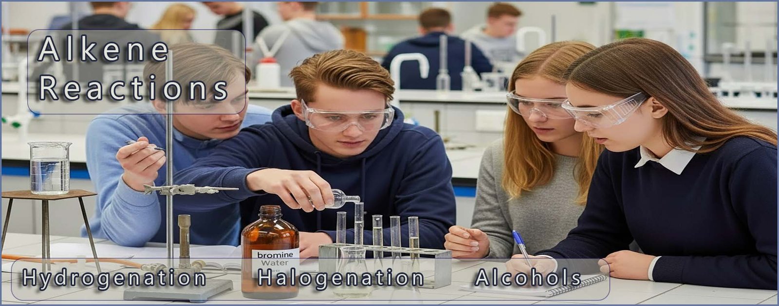 Alkenes reactions header image- students carrying out a practical activity in the lab.