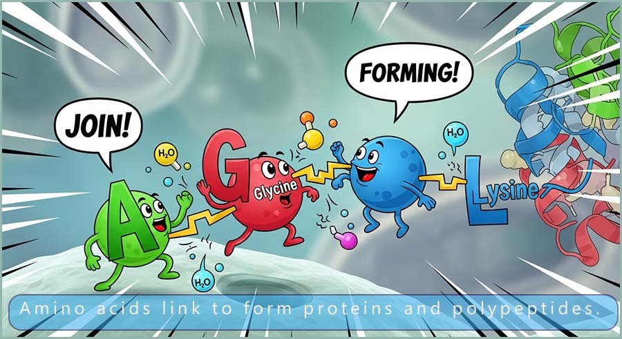 Amino acids linking together to form proteins and polypeptides.