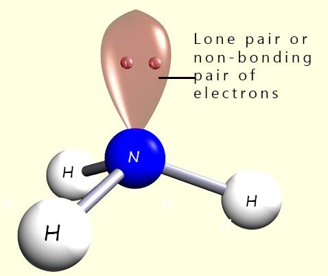 The ammonia molecule contains a lone pair or non-bonding pair of electrons, 3d model of an ammonia molecule showing lone pair of electrons.