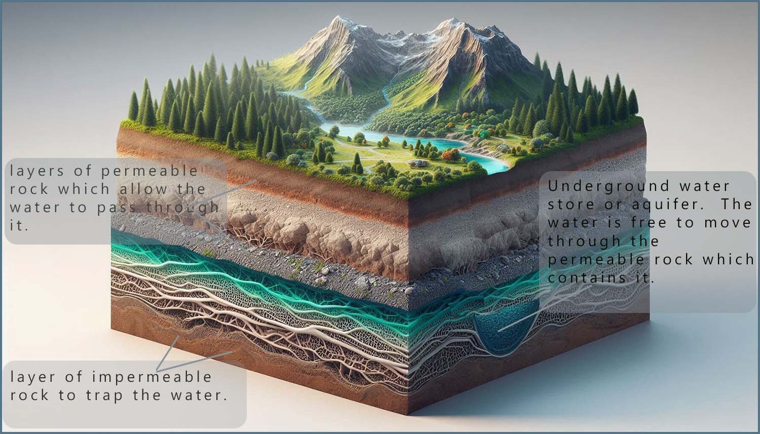 3d Image to show how water is stored in large underground water aquifers.