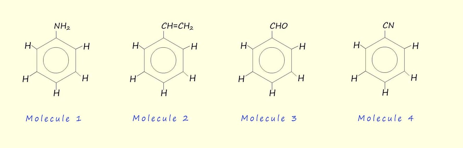 Displayed formula of aniline, styrene, benzaldehyde and benzonitrile