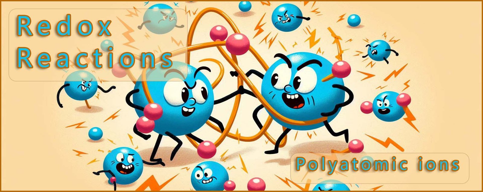 Header image redox: atoms fighting over electrons in reactions.