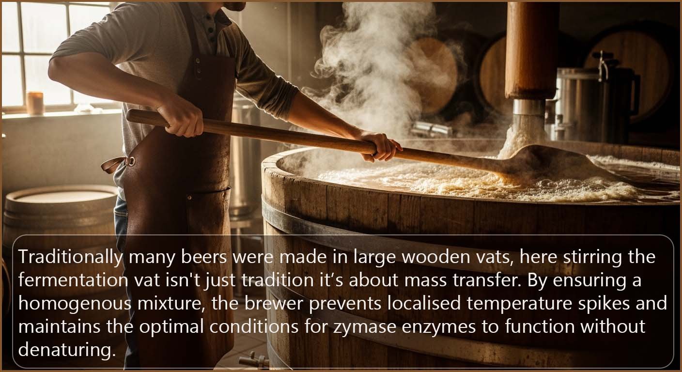 Master brewer making beer in a wooden vat.