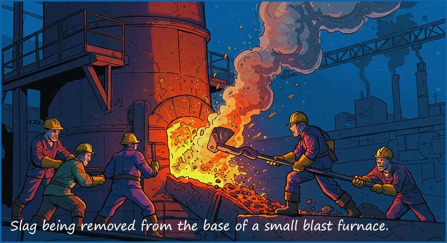 Slag being removed from a blast furnace