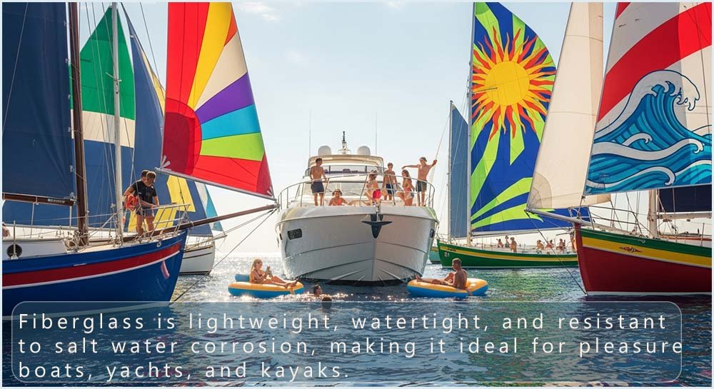 Boats, yachts and kayaks are often made of fibreglass.