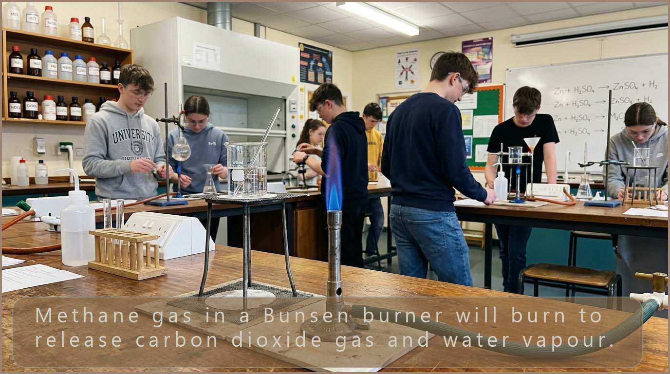 The fuel for a Bunsen burner is methane gas, it burns to release carbon dioxide and water vapour.