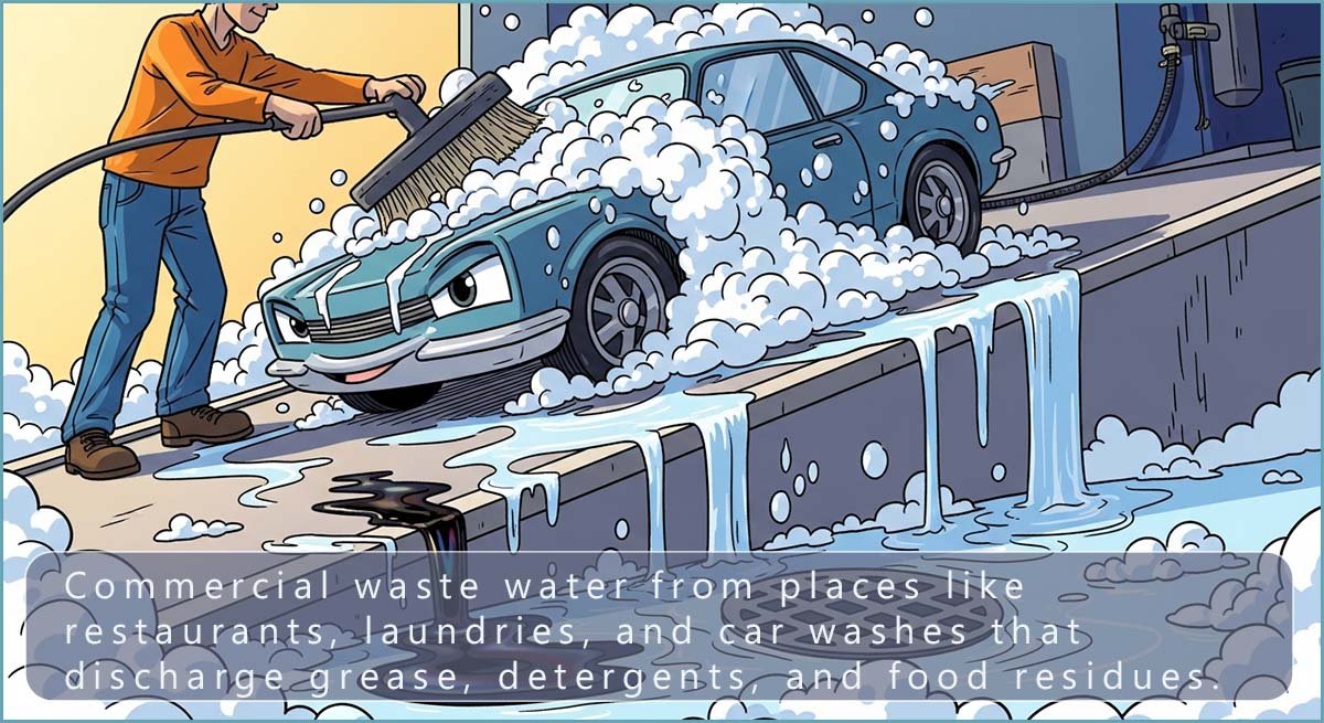 Commercial waste water from restaurants, laundries, and car washes that discharge grease, detergents, and food residues into the drains.