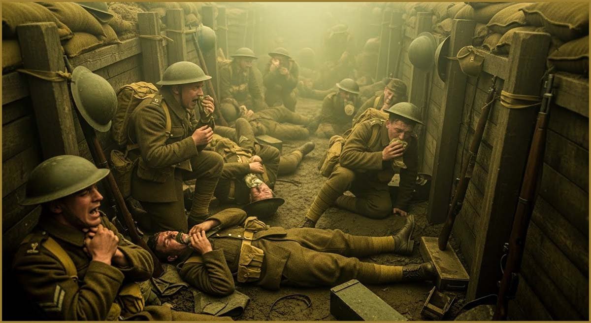 Soldiers in a trench covering their faces during a gas attack.