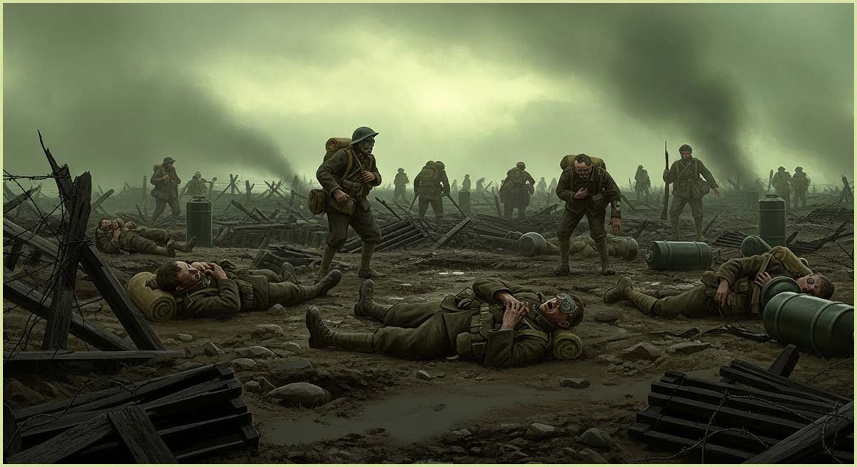 Depiction of soldiers on a battlefield with gas drifting across the ground.