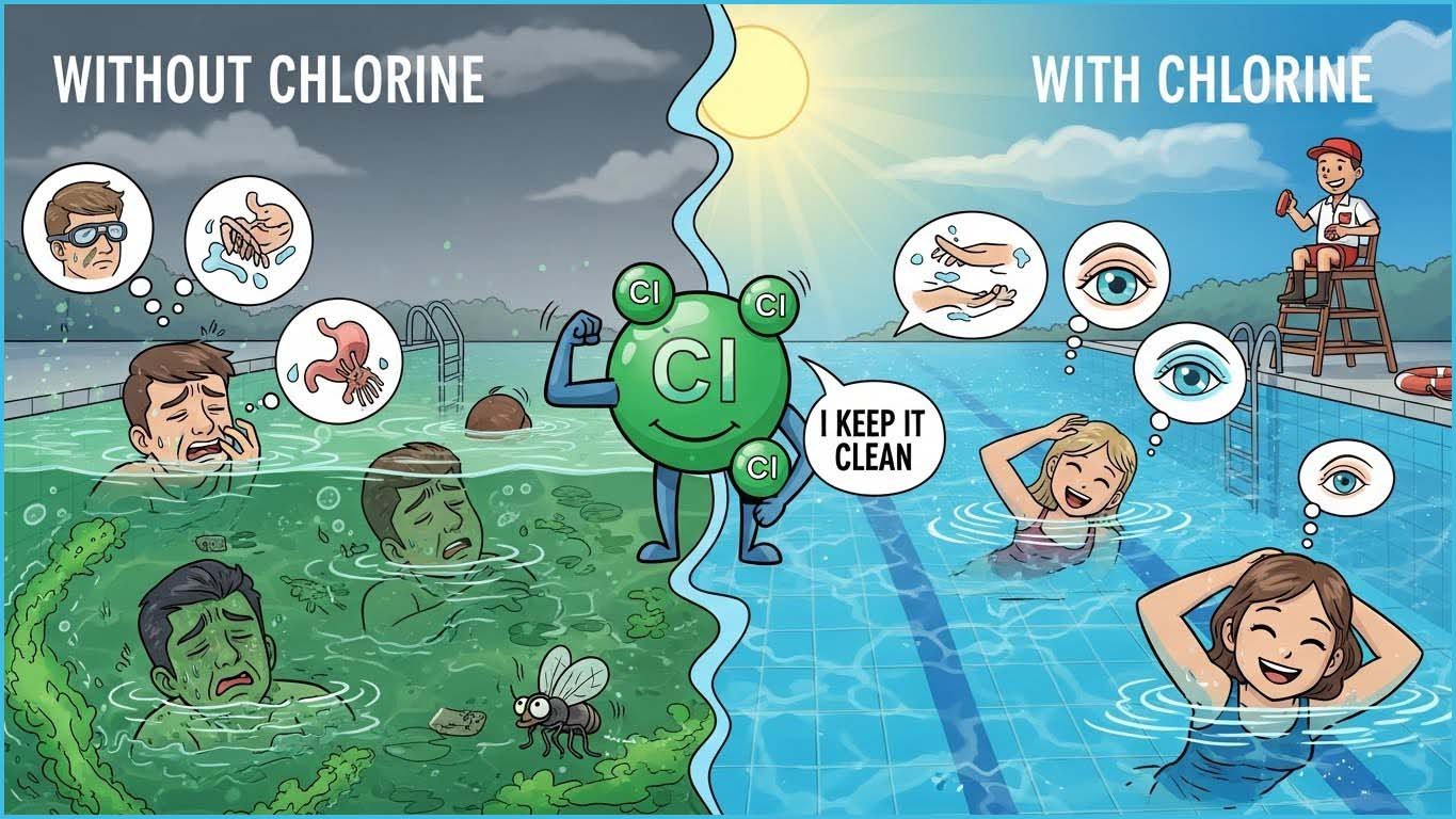 Image shows the benefits of adding chlorine to swimming pools
