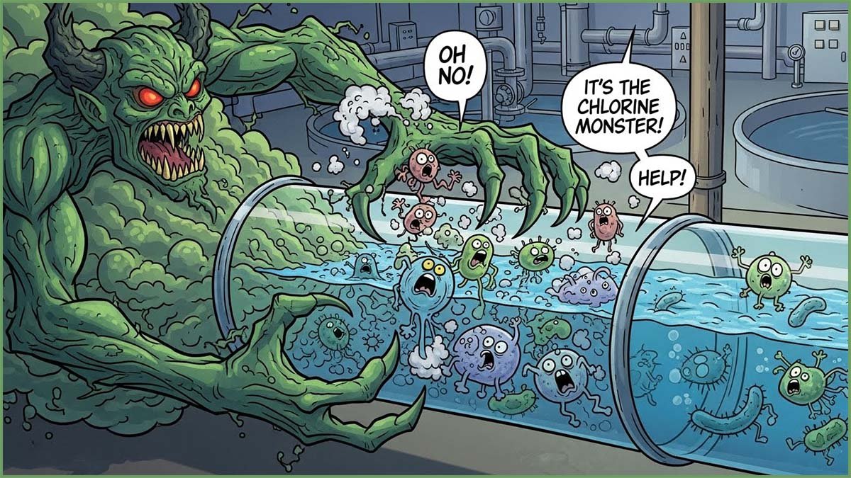 Cartoon image showing the chlorination of water
