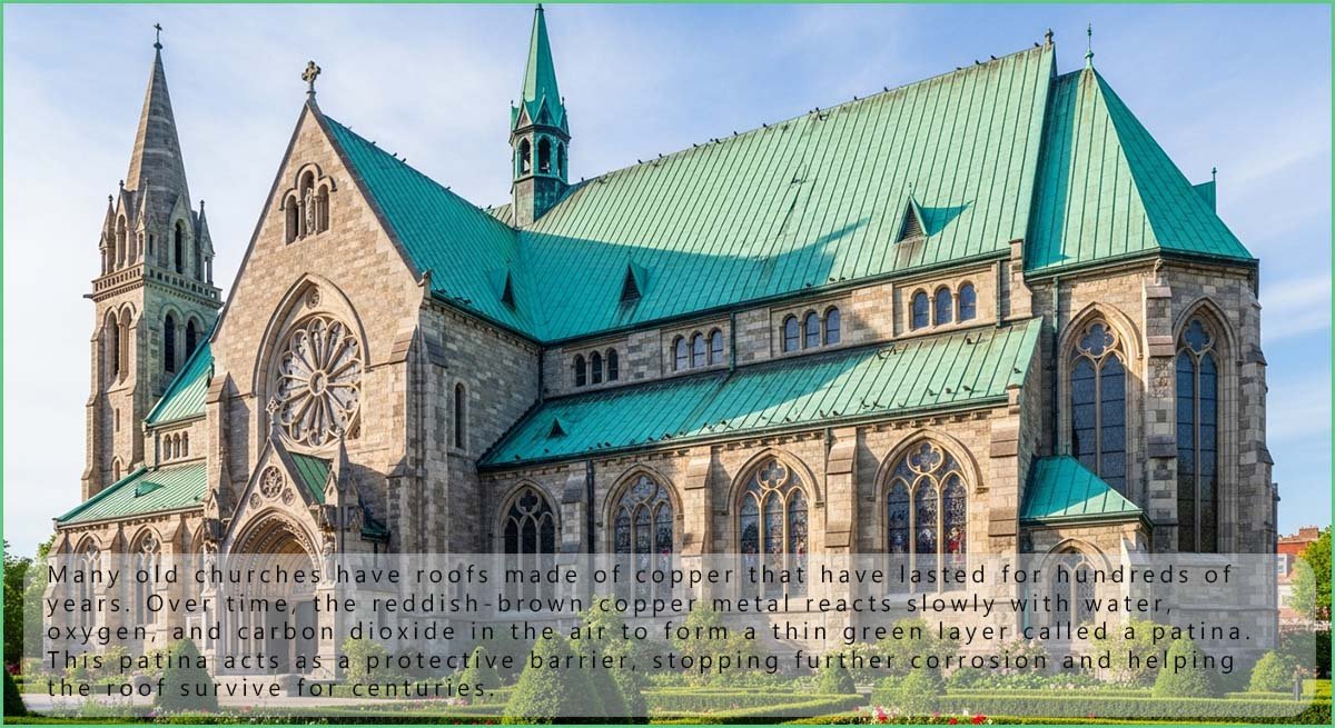 A church with a green copper roof formed by patina.