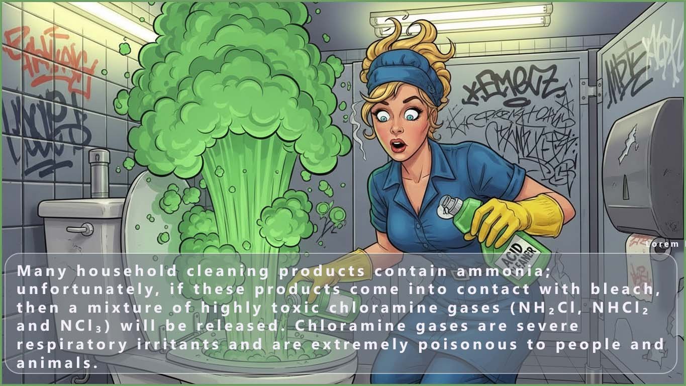 Cleaner surprised as green chlorine gas erupts from toilet after addition of acid cleaner to bleach.