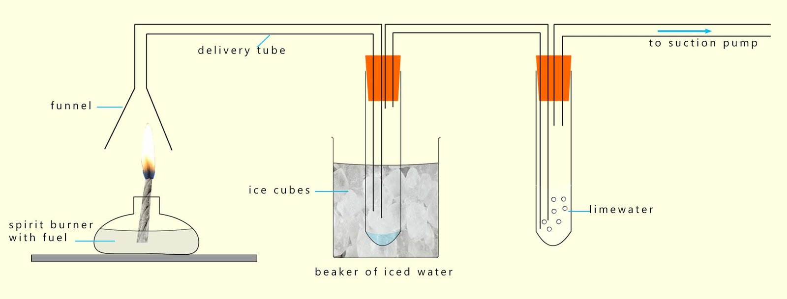 Testing for the products of combustion of a fuel, carbon dioxide gas and water.