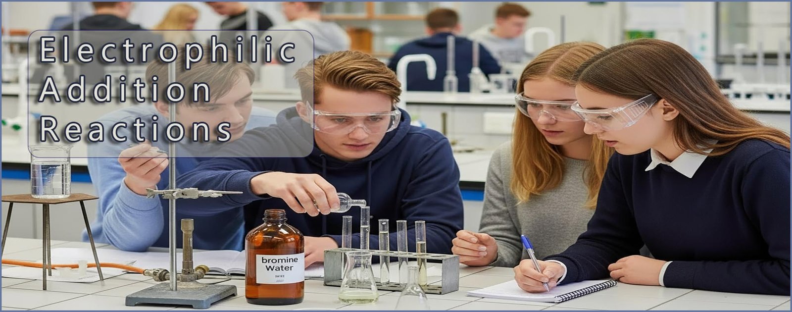 Electrophilic addition reactions header image- students carrying out a bromine test for unsaturation