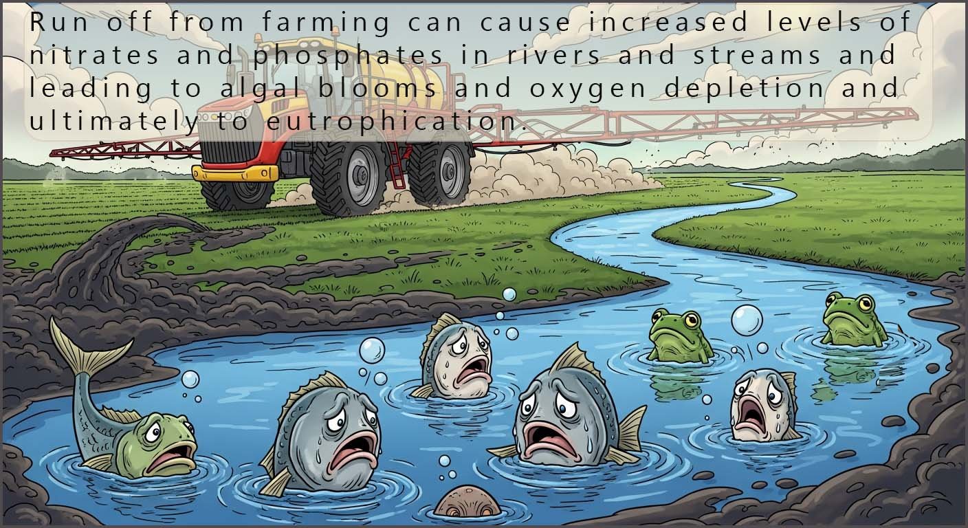 Comic style image showing the effects of run off from farmers fields - eutrophication