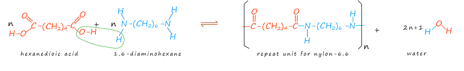 formation of nylon-6,6 from 1,6-diaminohexane and hexane-1,6-dioic acid