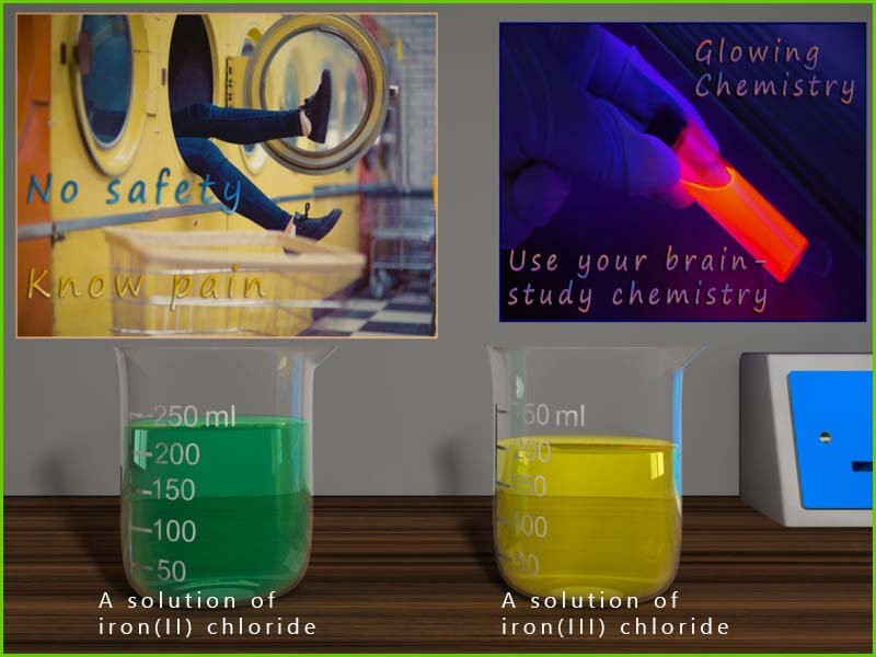 Colours of iron(II) and iron(III) chloride solutions.