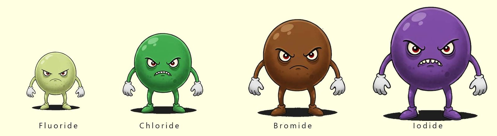 Comic style image of the halide ions fluoride, chloride, bromide and iodide.