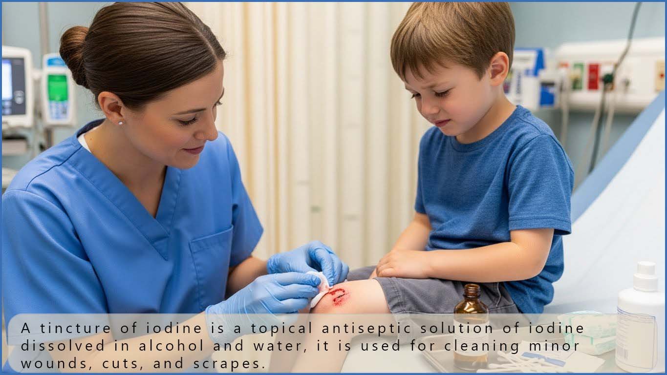 Nurse applying iodine to a cut.
