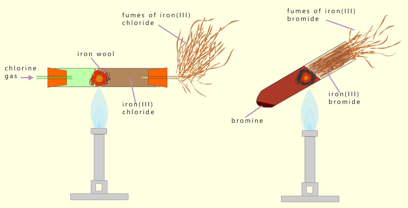 Image show the reaction of iron wool with chlorine to form iron(III) chloride an dthe reaction of iron wool with bromine to form iron(III) bromide