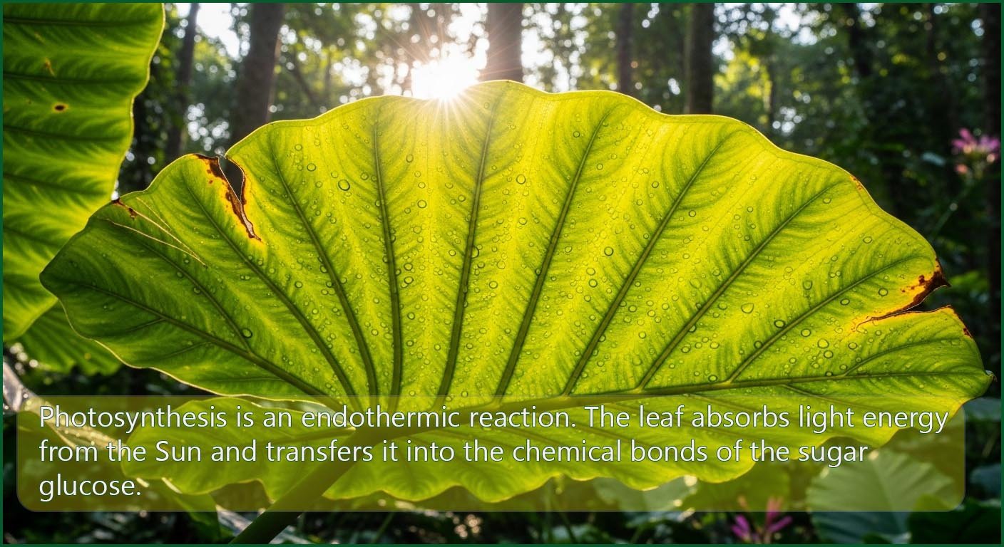 Photosynthesis is an endothermic reaction, a leaf takes in light energy from the sun and converts it into stored chemical energy.