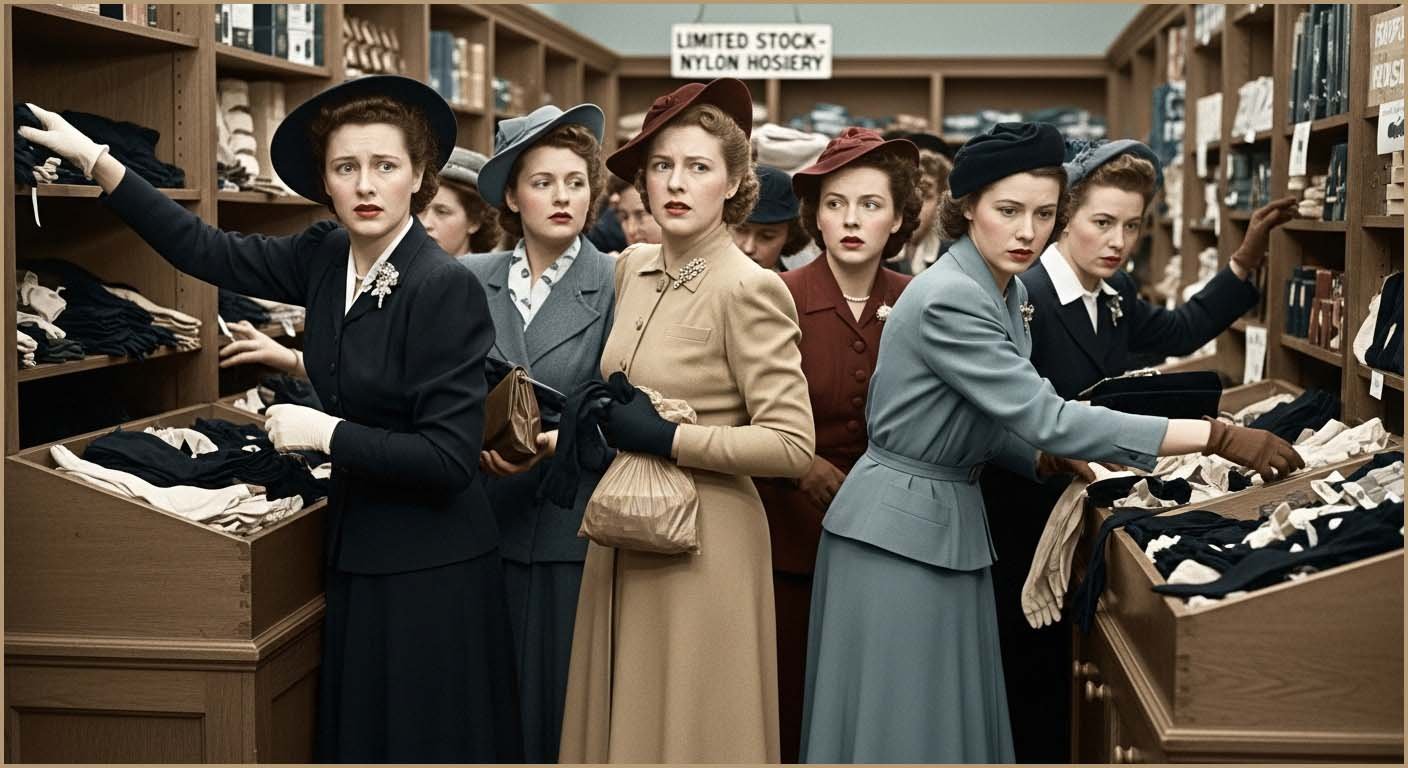 More shoppers crowding hosiery counters, 1946.