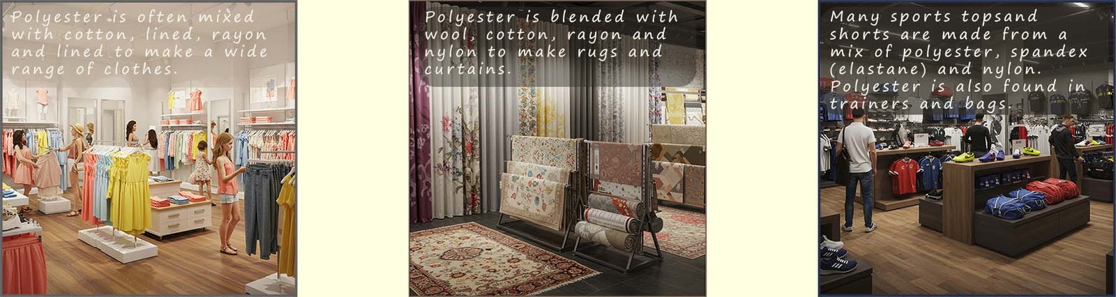 Image to show how polyester is used in a range of items including sportswear, rugs, bedding and clothes