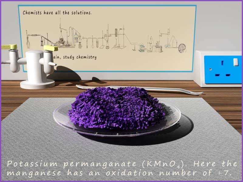 Potassium permanaganate crystals.