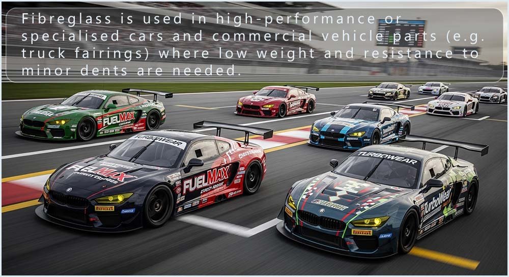 Racing car bodies are often made from fibreglass.