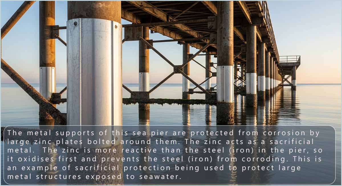Zinc blocks being used to protect a sea pier from corrosion
