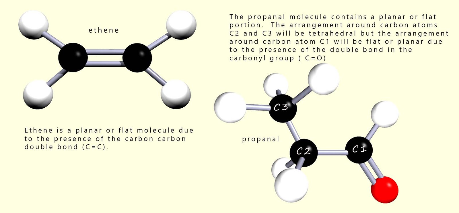 Molecules which contain double and triple bonds will contain planar or flat portions due to the presence of these multiple bonds.