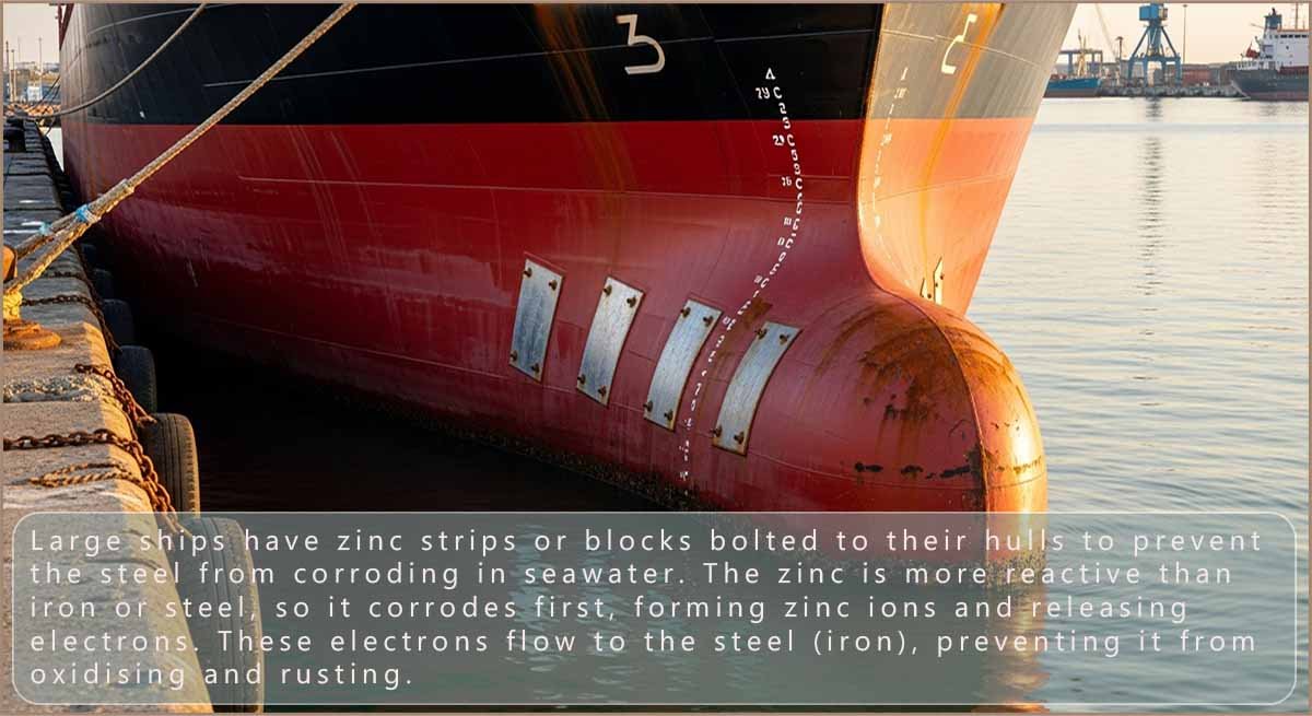 Ship with zinc blocks bolted to the hull to prevent corrosion while the ship is at sea.