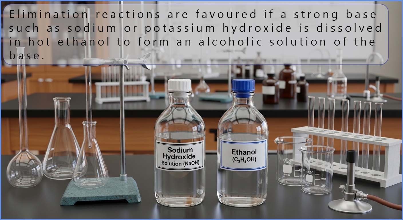 Hot alcoholic solutions of strong bases favour elimination reactions.