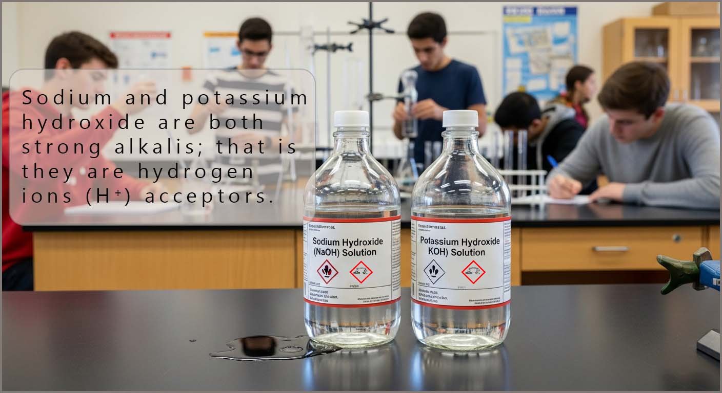 Sodium and potassium hydroxide solutions in a lab with an explanation about hydroxides as strong alkalis.