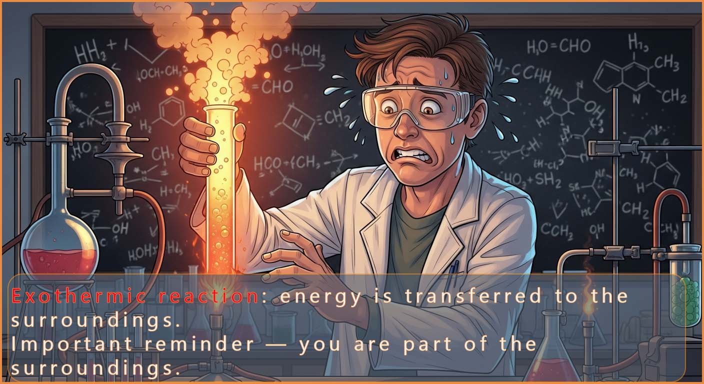 Image explaining that in an exothermic reaction energy, usually in the form of heat is released into the surroundings.