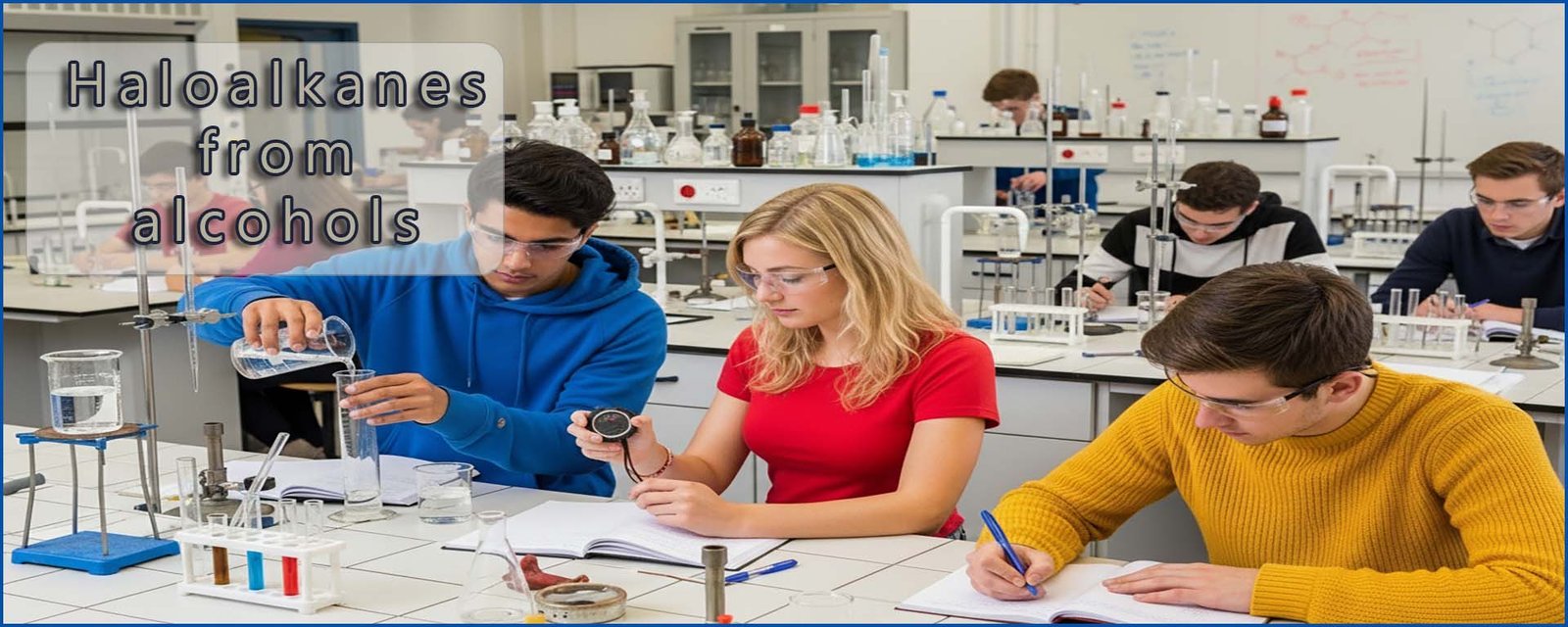halogenalkanes from alcohols header-students carrying out a practical activity in the lab.
