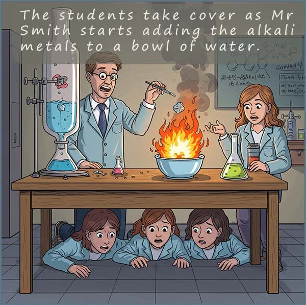 Students hiding under the desk as their chemistry teacher adds alkali metals to water