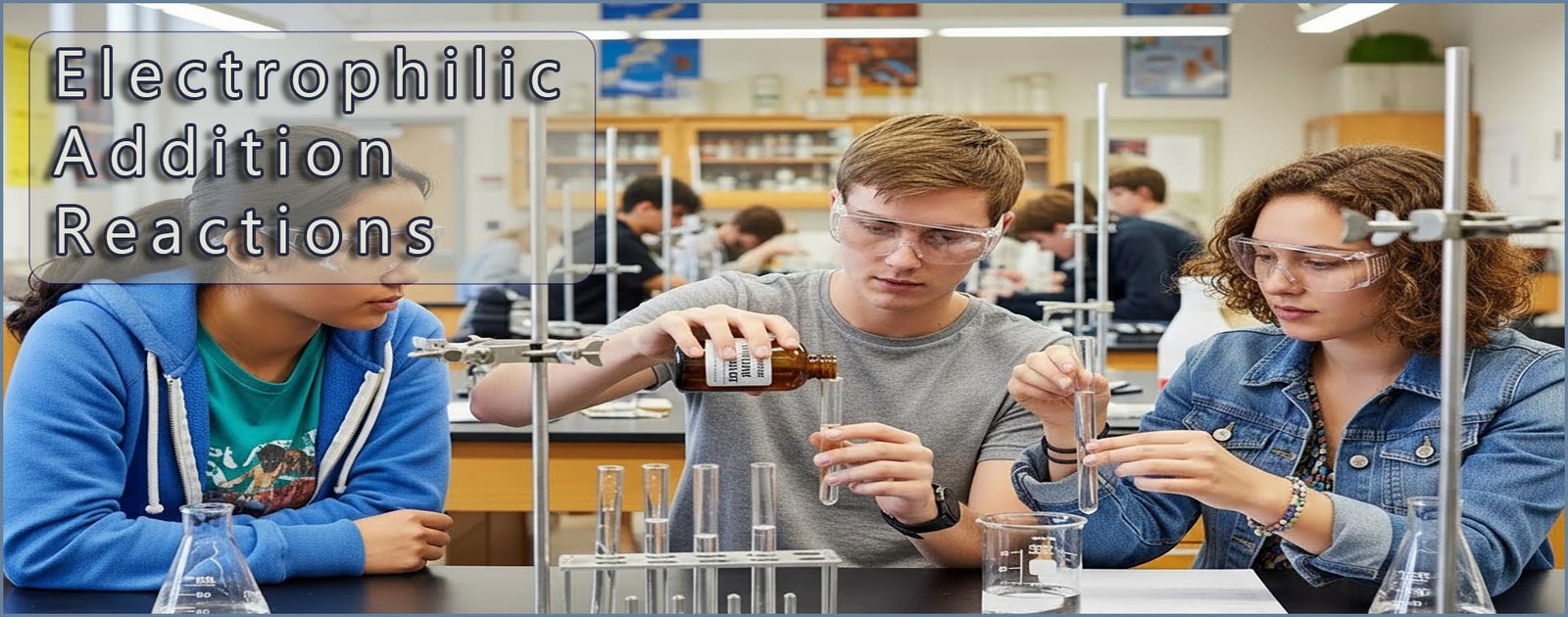 Further addition reactions image header- students working in the lab.