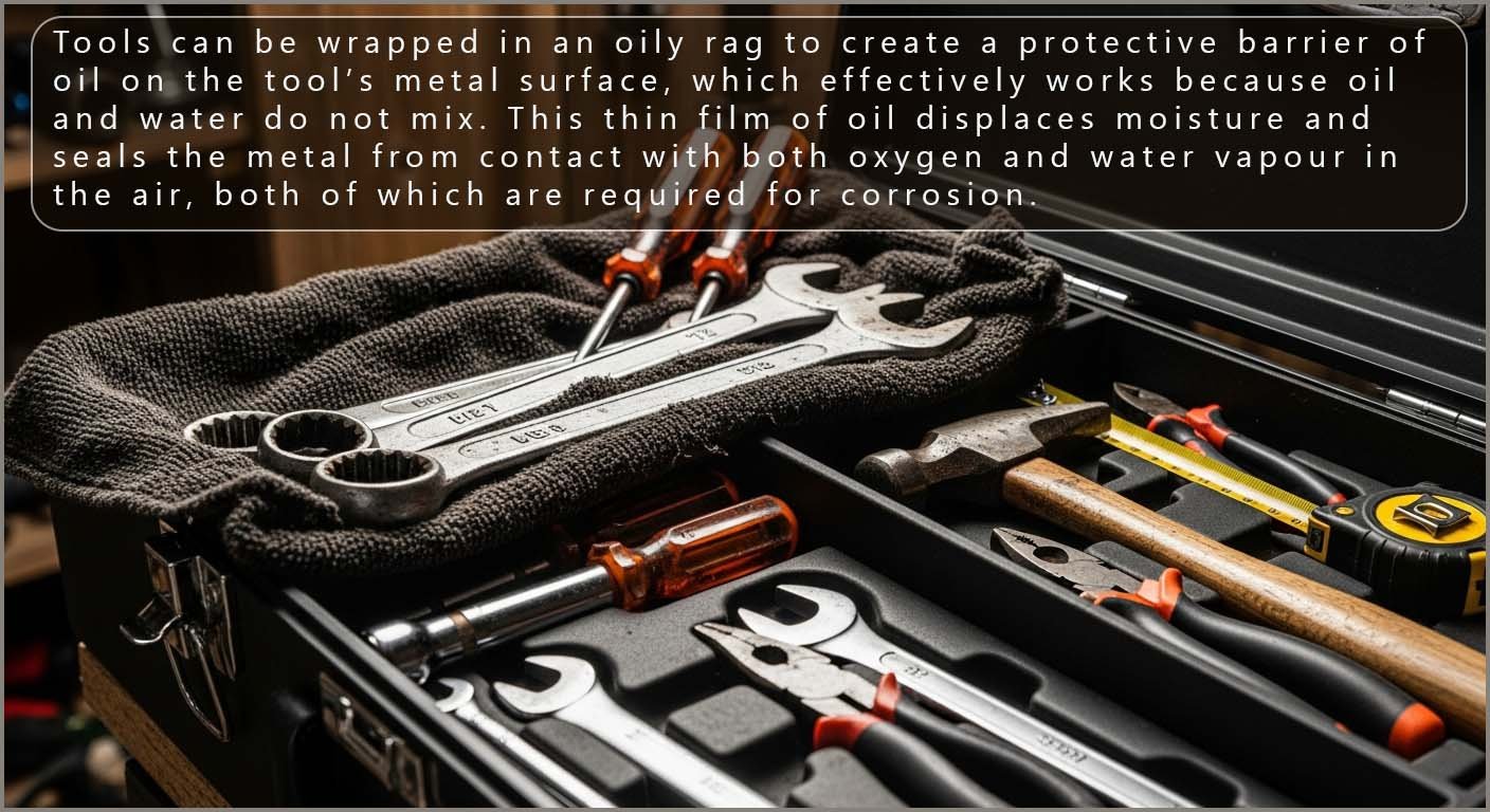 Tools can be wrapped in an oily rag to help reduce corrosion.