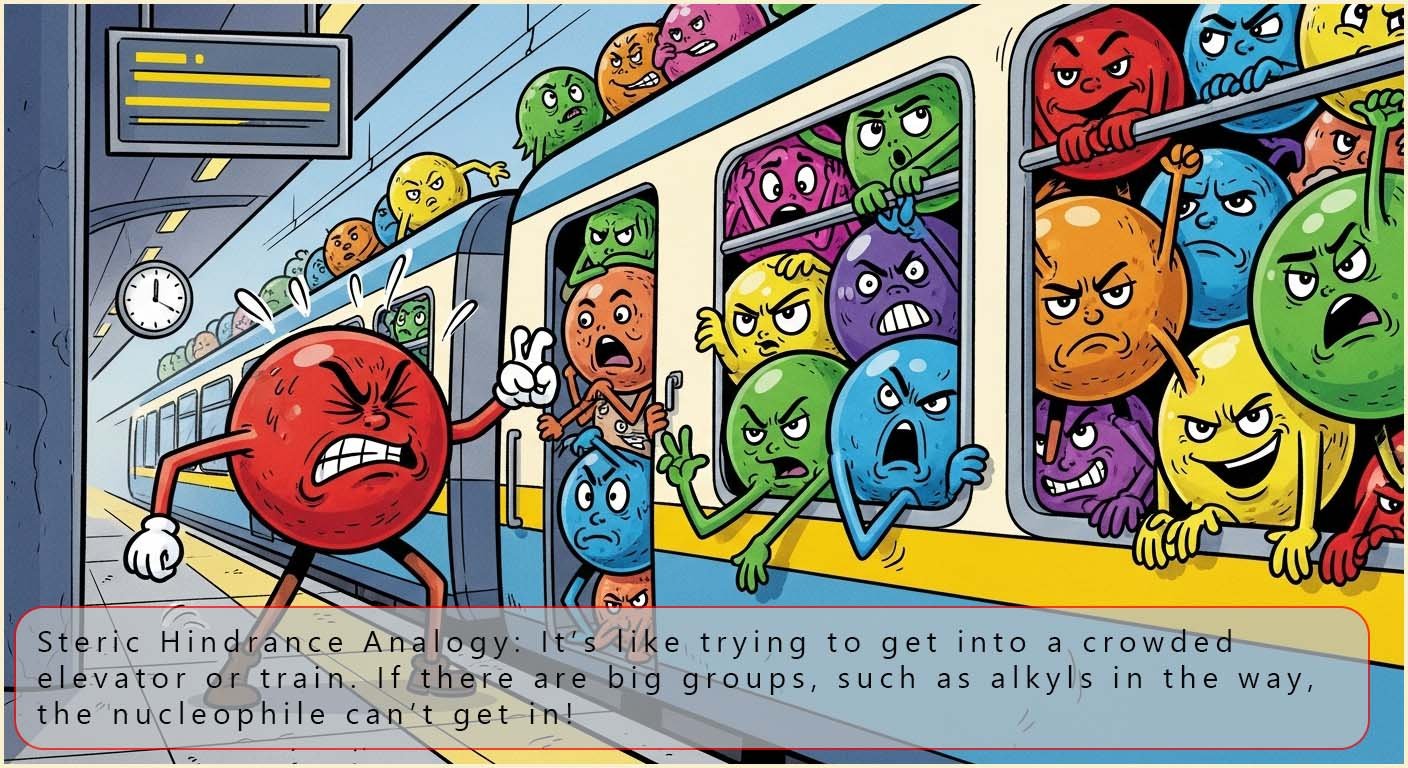 Analogy to show how large groups can block the incoming nucleophile in a SN2 reaction.