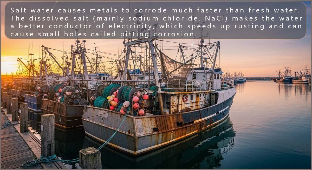Fishing trawlers at dock, showing rust and corrosion on the hulls.